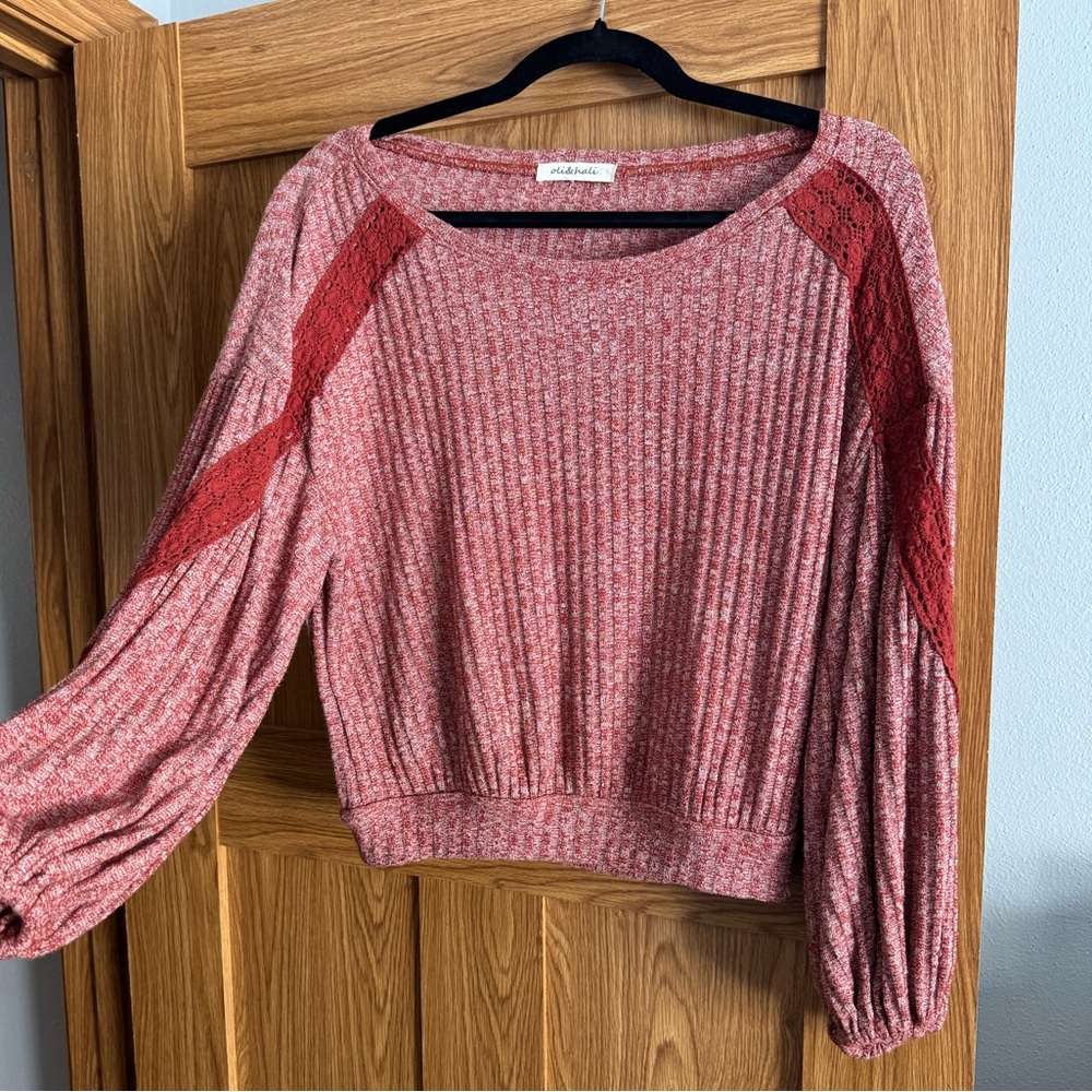 Red Knit Sweater with Lace Details